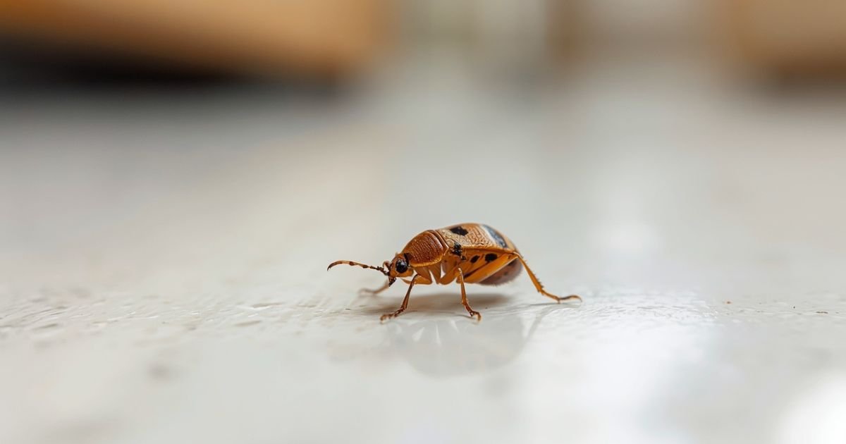 Close-up of a tiny brown bug with black spots found indoors on a household surface