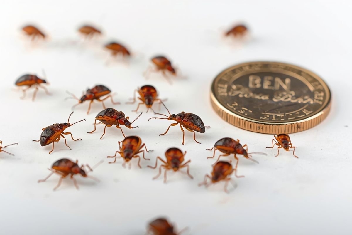 Tiny reddish-brown bugs on a household surface showing the size and color of common indoor pests