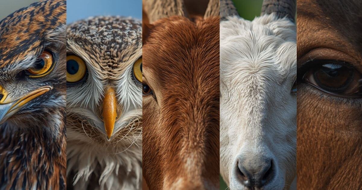 Close-up of animal eyes including eagle, cat, owl, goat, and chameleon showing different eye shapes and vision abilities