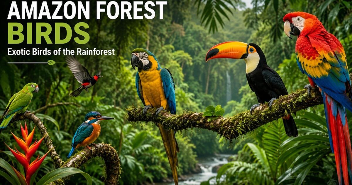 Colorful Amazon rainforest birds sitting on tropical tree branches in the dense jungle