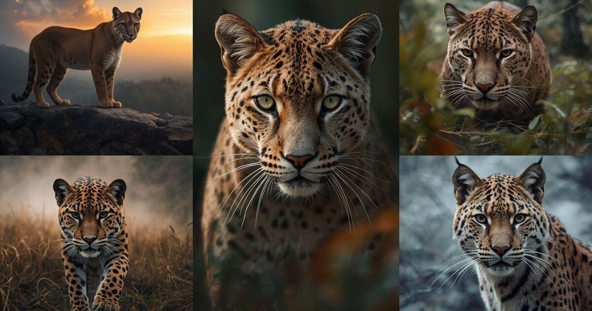 Wild American big cats including cougar, jaguar, bobcat, lynx, and Florida panther in natural forest and mountain habitats