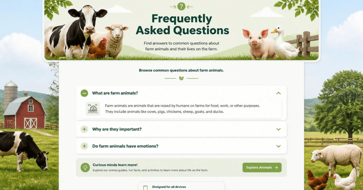Modern FAQ page design about farm animals with questions and answers, featuring cows, sheep, chickens, goats, and a countryside farm background
