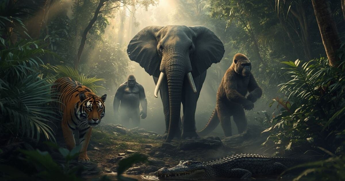 Powerful jungle animals including tiger, gorilla, elephant, jaguar, and crocodile in their natural forest habitats