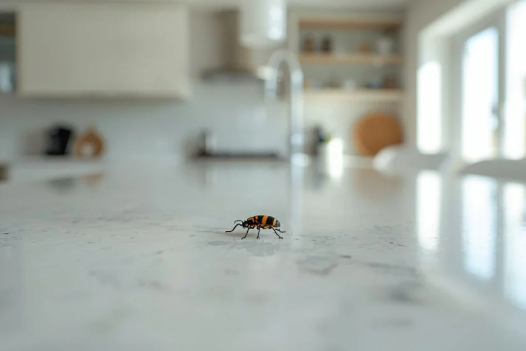 tiny black and yellow striped bug on kitchen counter inside house